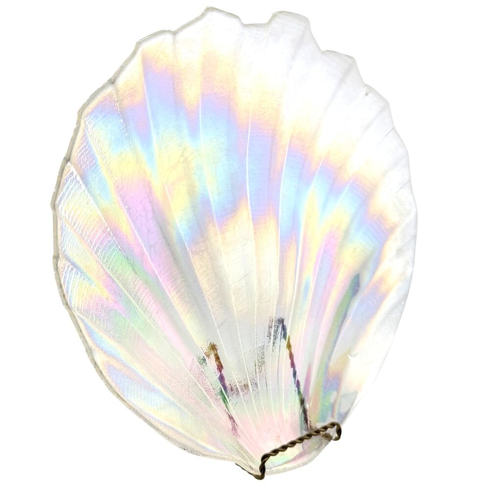 Kamei Glass Japan Rainbow Iridescent Scallop Seashell Shape Platter Vintage